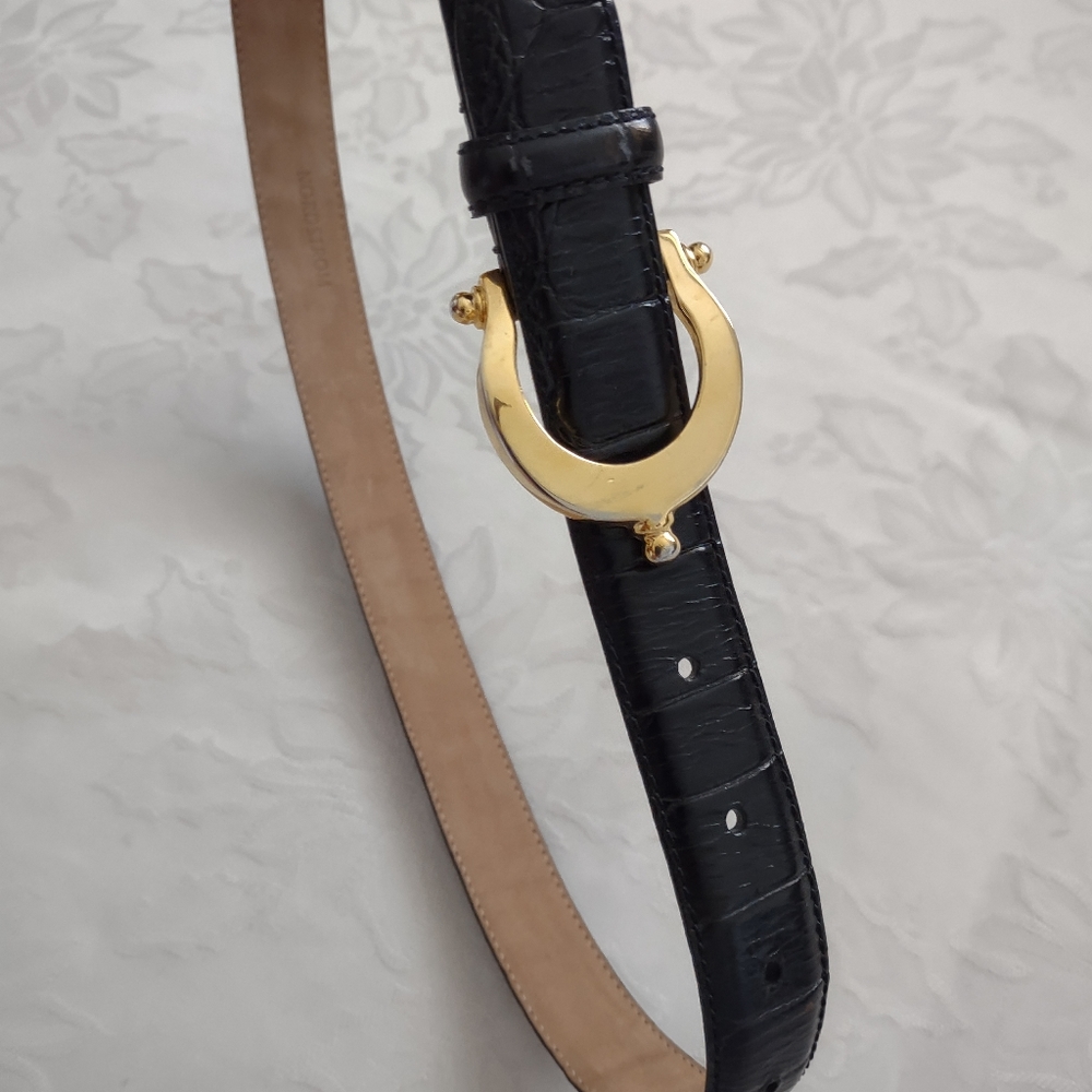 Italian calfskin croc embossed leather golden metallic buckle